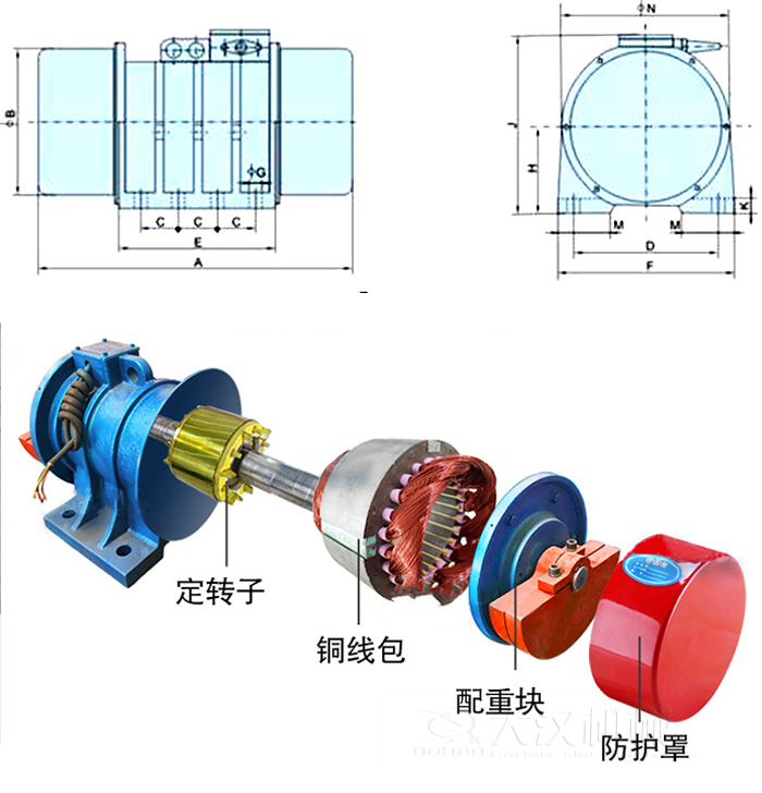 YZS振動電機(jī)內(nèi)部主要部件：定轉(zhuǎn)子，銅線包，配重塊，防護(hù)罩。